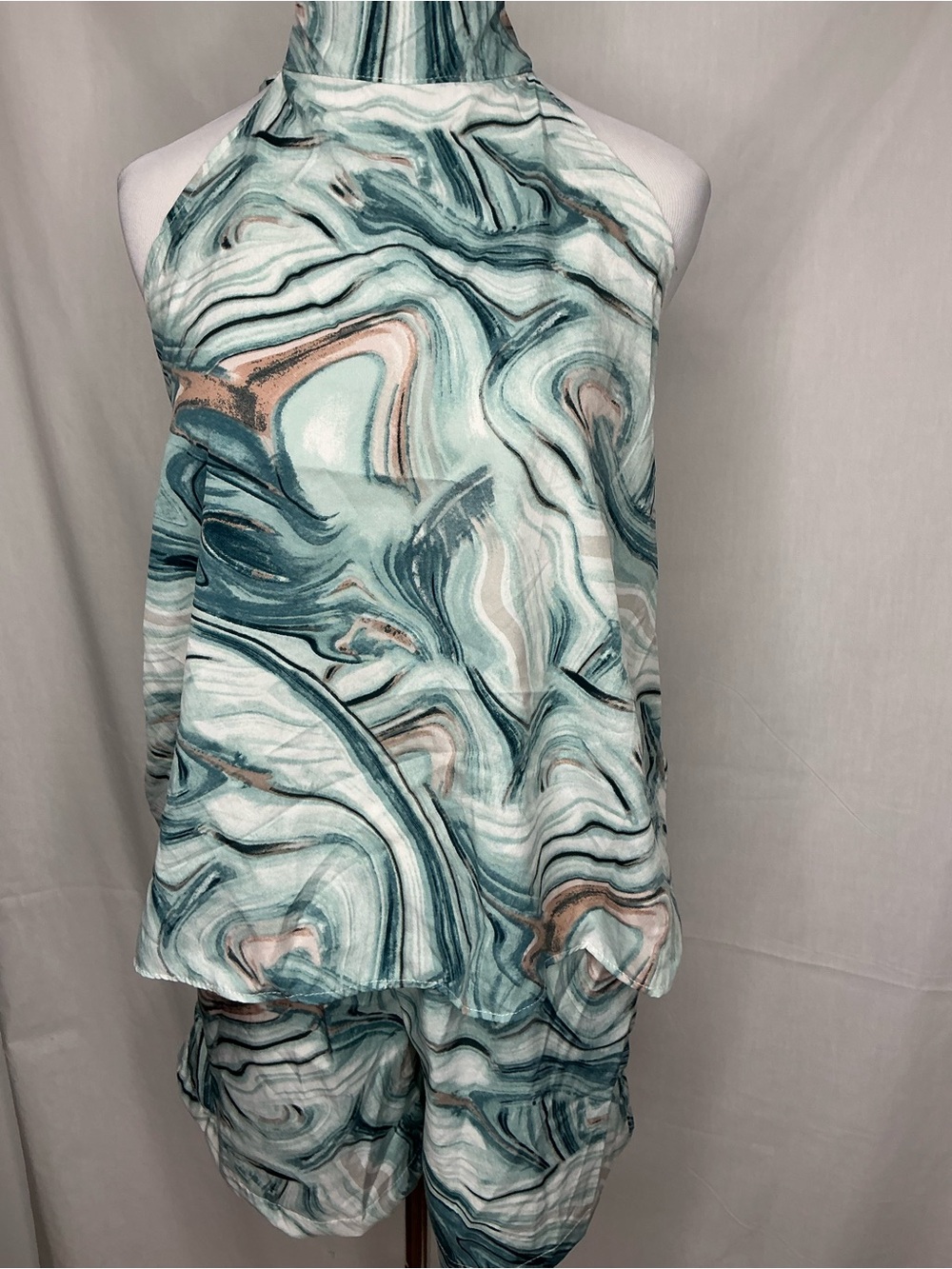 2169 - Marble Print Halter Top and Shorts Set - Teal, White, Taupe